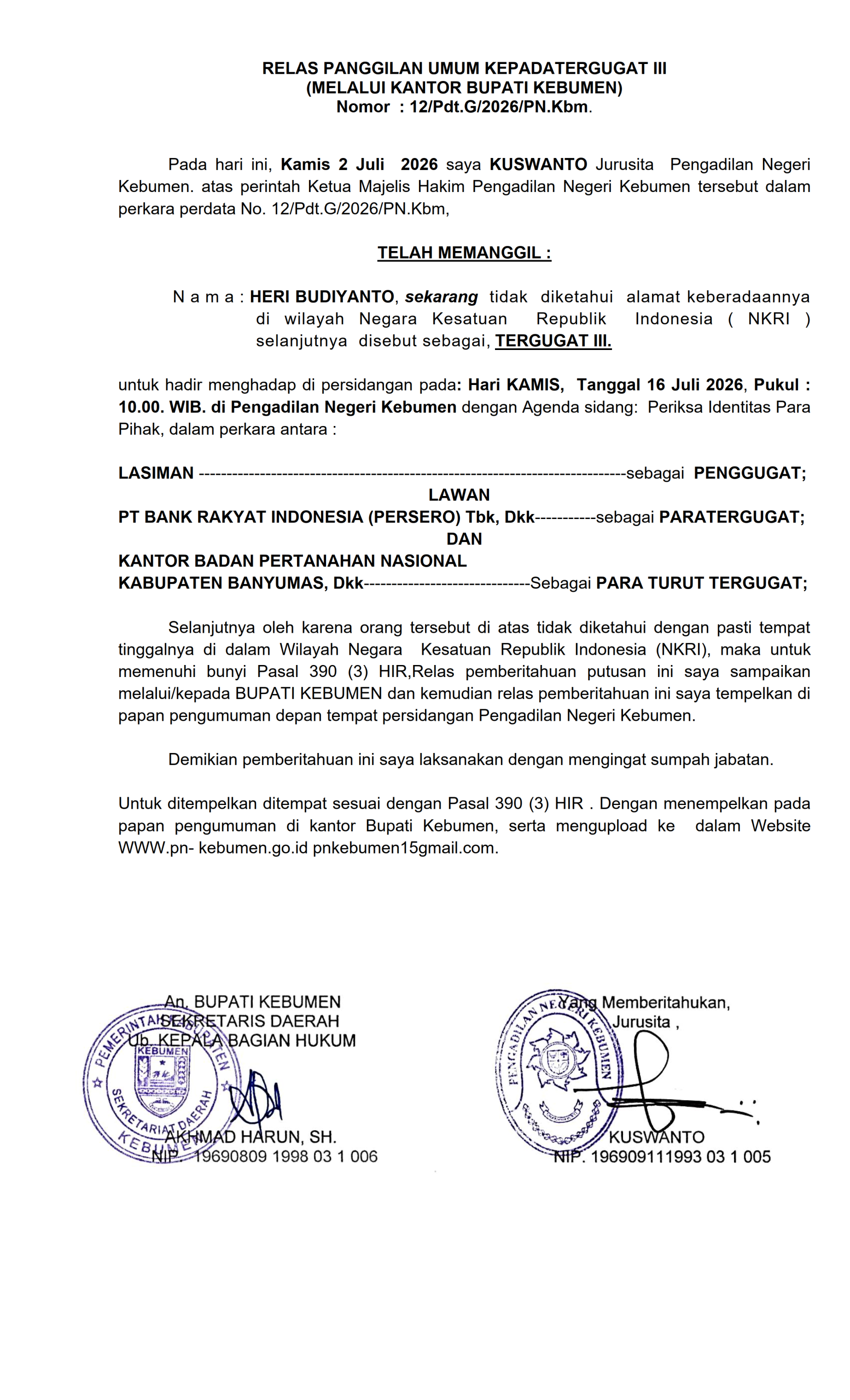 Relaas Panggilan Umum Nomor 12/Pdt.G/2026/PN Kbm, tanggal 2 Juli 2026 tujuan kepada HERI BUDIYANTO